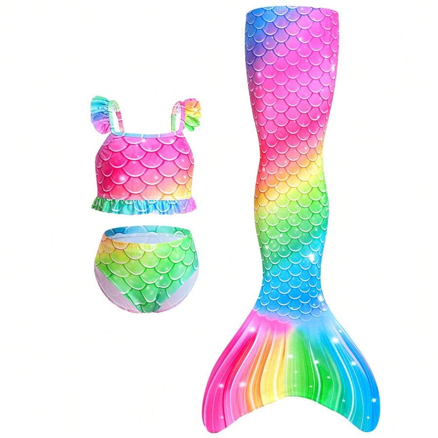 Girls Dopamine Summer Mermaid Tail Bikini Set, Fish Scale Print Ruffle Strap 3 Pieces Set - Multicolor - View 1