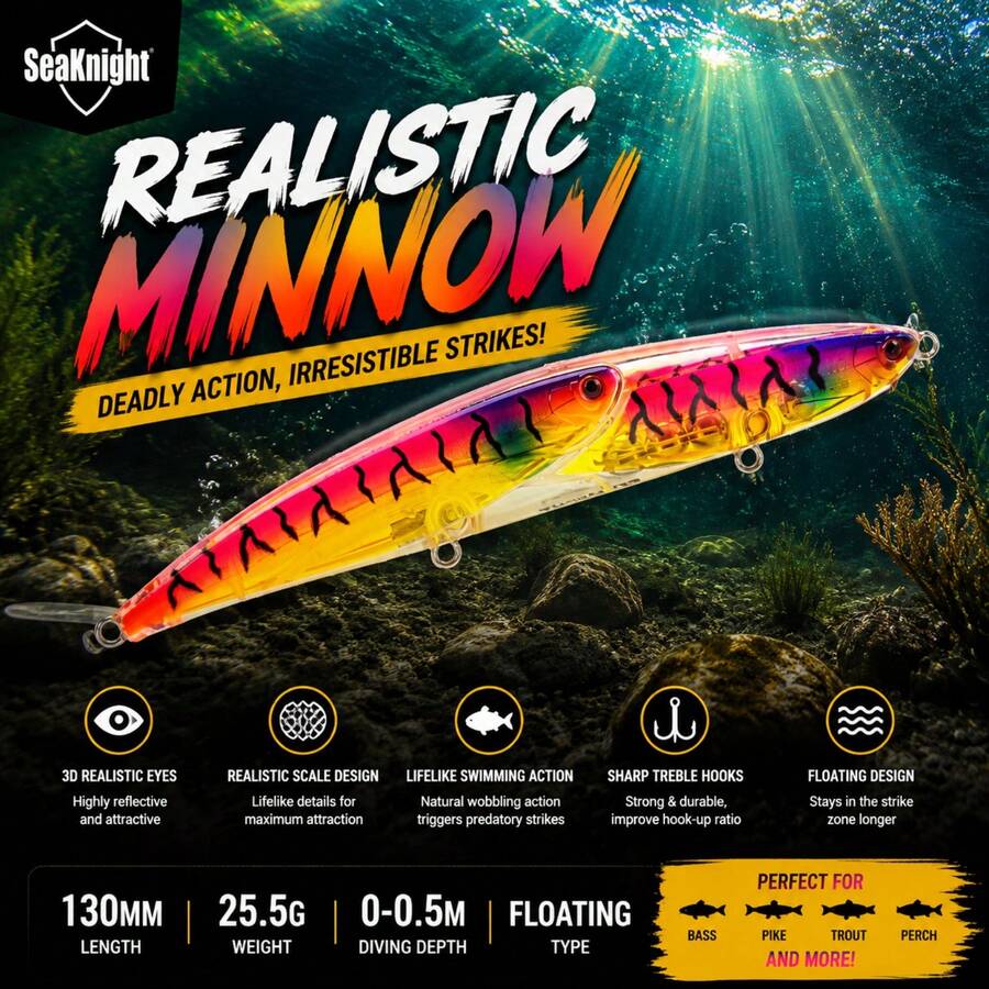 SeaKnight Floating Minnow Lure, Realistic Swimming Hard Bait With 3D Eyes, Artificial Fishing Lure For Freshwater And Saltwater Predatory Fish - Multicolor - View 1