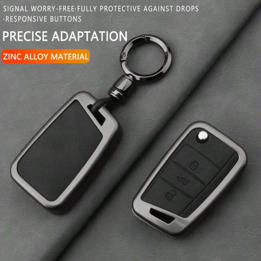 Zinc Alloy Car Key Protective Case With Ring, Compatible With Leon/Ibiza/Ateca/Arona/Toledo/Altea/Exeo/Mii/Golf/Tiguan/Passat/Jetta/Polo/Touran/Beetle/Caddy, Double-Sided Protective Cover, Provides Comprehensive Protection For Key Fobs, Perfect Car Accessory For Car Owners - Round Button - View 1