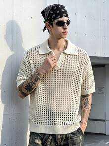 BLACKTOEXIT Men's Knitted Polo Shirt, V-Neck, Short Sleeve, Loose Fit, American Casual Hollow Knit Top, Spring/Summer - Apricot - View 3