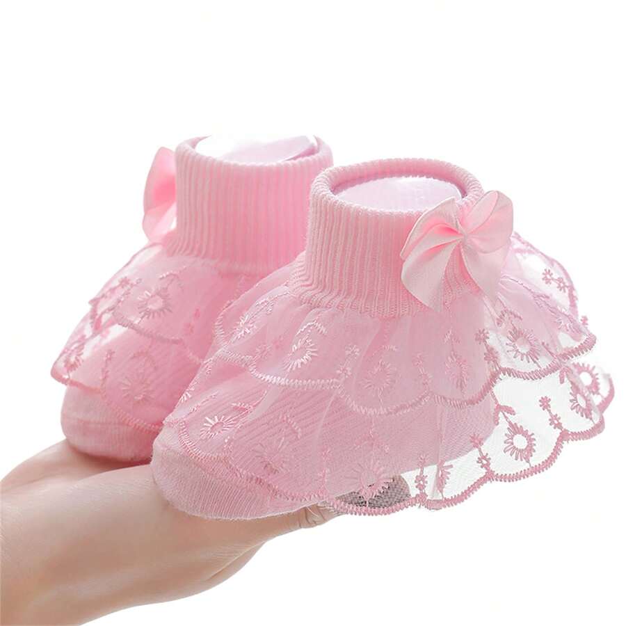 Sweet White Double Ruffle Lace Bow Ankle Socks, Princess Style Dress Up Socks For Daily Outfits Party Occasions - Pink - View 1