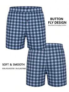 3pcs/Pack Men's Underwear, Polyester Fabric, Soft Plaid Pattern Design, Loose Shorts Style, With Button Fly, Suitable For Daily Wear - Multicolor - View 3