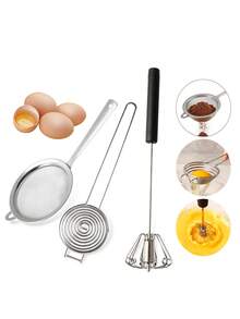 1pc/3pcs Stainless Steel Baking Tool Set, Fine Mesh Flour Sifter, Egg Yolk Separator, 10-Inch Semi-Automatic Egg Beater, For Cake Baking, Cooking And Dessert Making Egg Mixer Powder Filtration Tool - View 1