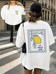 Plus Size Women's Summer Italian Style Lemon Print T-Shirt, Minimalist Artistic Style Casual White - White - View 8