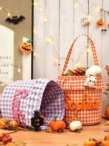 Personalized Ruffle Halloween Storage Basket, Customizable Name Plaid Halloween Trick Or Treat Bag, Halloween Candy Bucket, Halloween Gift Storage Box - Multicolor - View 6