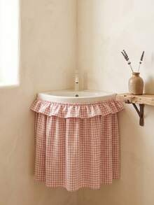1pc Khaki Plaid Washbasin Skirt, Bright And Lively Style, Fabric With Washed Texture, Round Shape With Top And Bottom Ruffle Hem, Pleated Details, Concealing Washbasin Storage And Decorative Function, Suitable For Bathroom Daily Arrangement And Warm Tone Home Decor Scenes - Khaki - View 2
