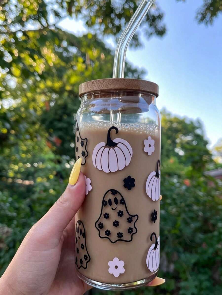 Light Pink Pumpkin Floral Cute Ghost Glass Cup, Transparent High Borosilicate Material, Autumn Halloween Portable Takeout Fruit Tea Cold Drink Cup - Multicolor - View 1