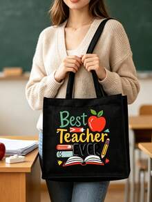 Teacher Theme Black Linen Tote Bag Set, Includes Large Tote Bag + Small Coin Purse, Printed With Best Teacher Ever Apple Design, Large Capacity Durable Canvas Material, Perfect Gift For Teacher's Day, Suitable For Students To Purchase And Give To Teachers, Daily Commute, Lesson Planning, Book And Stationery Storage - Multicolor - View 5