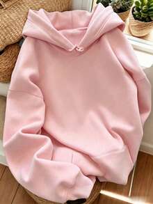 Women's Autumn/Winter New Solid Color Hooded Sweatshirt, Drawstring Design, With Pockets, Casual Versatile Loose Fit Top, Fashionable Daily Wear - Baby Pink - View 1
