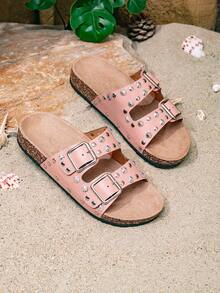 Pink Rivet Double Buckle Women's Slippers, Adjustable Design Flat Outdoor Slides For Summer - Pink - View 7