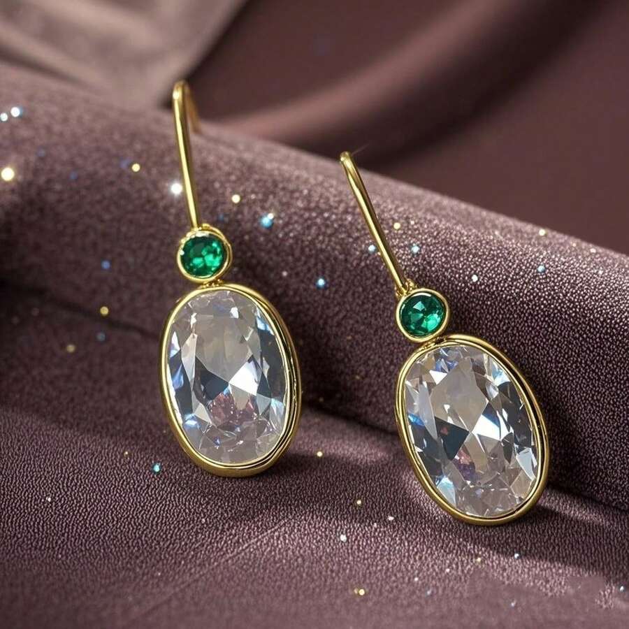 Fashionable Elegant Shiny Earrings With White And Green Synthetic Zirconia, Suitable For Banquets And Weddings - Two-color - View 1