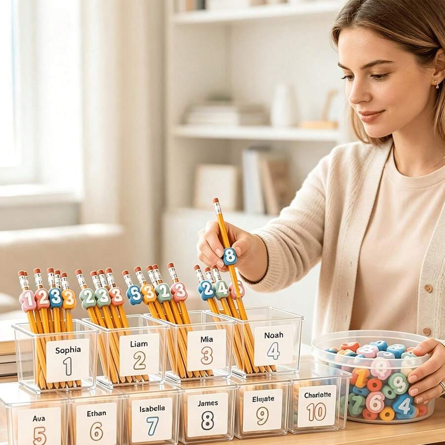 30pcs/Set Numbered Pencil Caps, 1-30 Reusable Classroom Pencil Labels, Teacher Pencil Tracking Markers, Suitable For Stationery Stores And School Management, Blue, 1-30 Numbered
