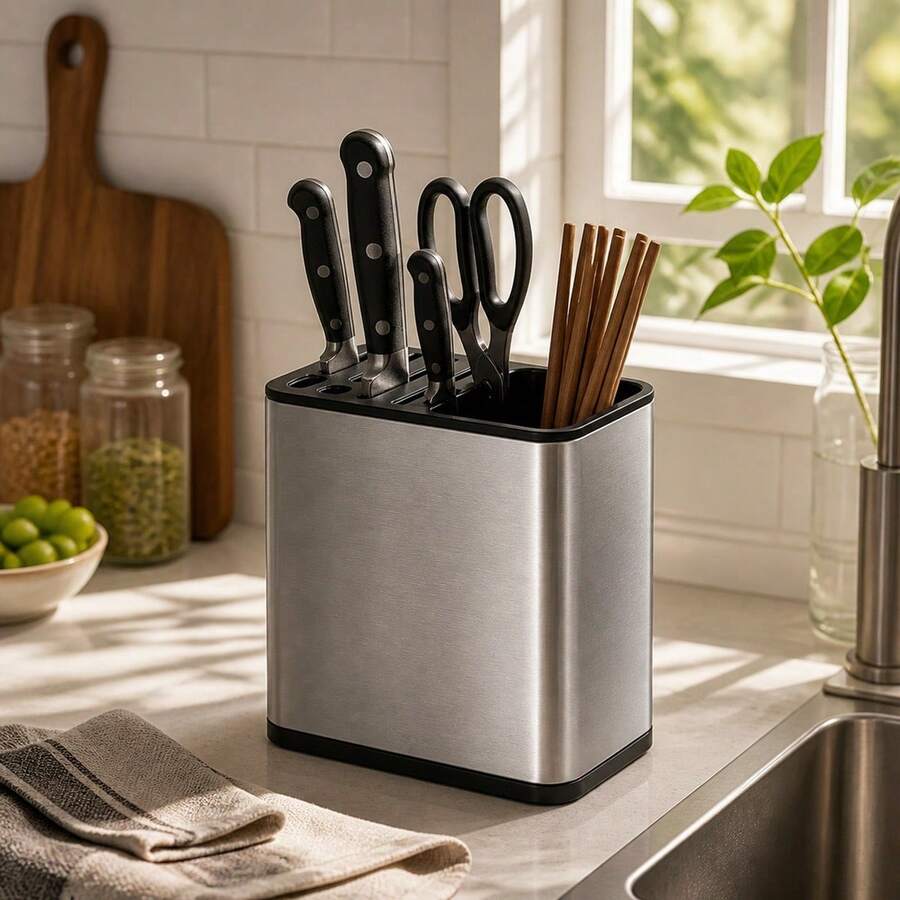 Stainless Steel And PP Plastic Kitchen Knife And Utensil Holder Organizer, Multi-Slot Storage Block For Knives And Scissors, 19.6 X 11.8 X 20cm - Silver - View 1