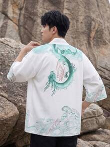 New Chinese Style Elegant Green Dragon Print 3/4 Sleeve Kimono Cardigan Men's Loose Fit Vintage Jacket - White - View 5