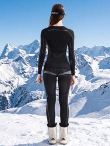 2pcs Seamless Women's Quick-Dry Ski Base Layer Set, Moisture-Wicking, Soft Skin-Friendly, Slimming, Warm Ski Sports Compression Set, Suitable For Skiing And Other Outdoor Sports - Black - View 5