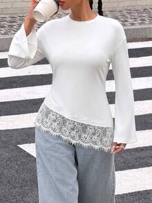 Women's Casual Long Sleeve Top, Elastic White Lace Hem, Suitable For Work, Elegant - White - View 7