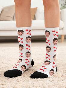 Personalized Custom Photo Crew Socks, Custom Face & Red Heart Pattern Mid Calf Socks, Creative Custom Gift For Men, Women And Lovers - Multicolor - View 2