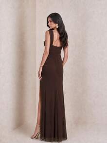 PARTHEA Women Elegant Brown Ruched Mesh Maxi Dress, Sweetheart Neck Wide Strap High Slit Backless - Brown - View 7