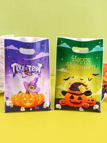 20/50pcs Halloween Plastic Gift Bags, Ghost Bat Pumpkin Print With Handle Candy Bags, Game Theme Party Boys Girls Halloween Supplies - Multicolor - View 6
