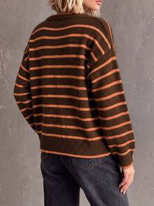 Women's Round Neck Single-Breasted Contrast Color Striped Long Sleeve Knit Cardigan, Loose Casual Versatile Fashion Style For Autumn/Winter - Brown - View 3