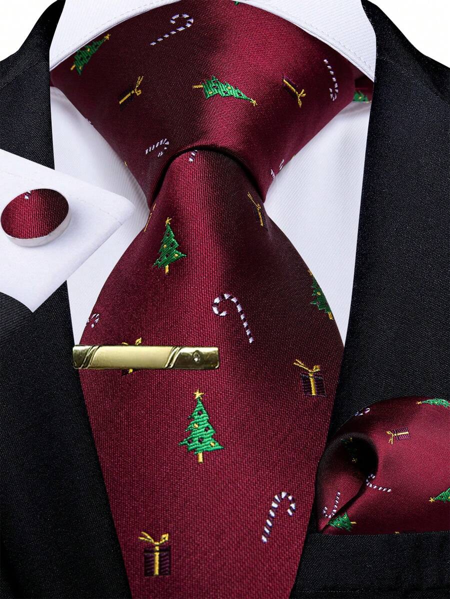 Red Necktie Pocket Square Cufflinks Tie Clip 4pcs Set For Valentine Fine Dining & Celebration Parties - Red - View 1