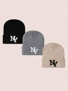 4pcs/Pack NY Solid Color Ski Hat Simple Knitted Beanie Hat For Women,Men Suitable For Daily Wear Casual - NY Neon Cap - View 6
