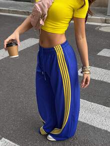 SDNGED Women's Casual Daily Colorblock Side Stripe Drawstring Waist Vacation Pants - Blue - View 5
