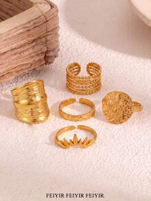 Minimalist Stainless Steel Asymmetrical Textured Multi-Layer Stackable Gold Rings, Suitable For Girlfriend, Best Friend And Mother, 18K Gold Plated Women's Rings, Aesthetic Wedding, Vacation Exaggerated Jewelry, Party, Ball Accessories, Ideal Holiday, Birthday Gift Choice - Multicolor - View 12