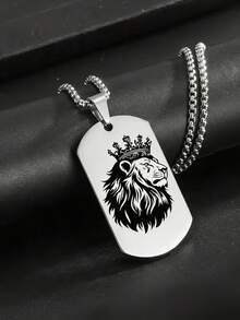 1 Piece Of Vintage Crown Lion Silhouette Dog Tag Necklace For Men, Stainless Steel Engraved Pendant Jewelry. - Silver - View 1