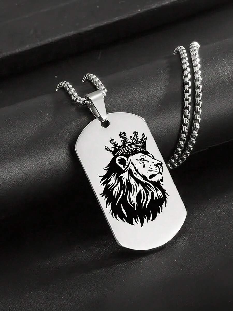 1 Piece Of Vintage Crown Lion Silhouette Dog Tag Necklace For Men, Stainless Steel Engraved Pendant Jewelry. - Silver - View 1