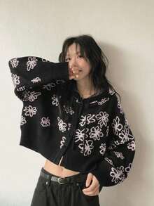 女款小眾設計花卉提花寬鬆長袖連帽針織開襟外套（隨機花卉） - 黑色 - 查看 1