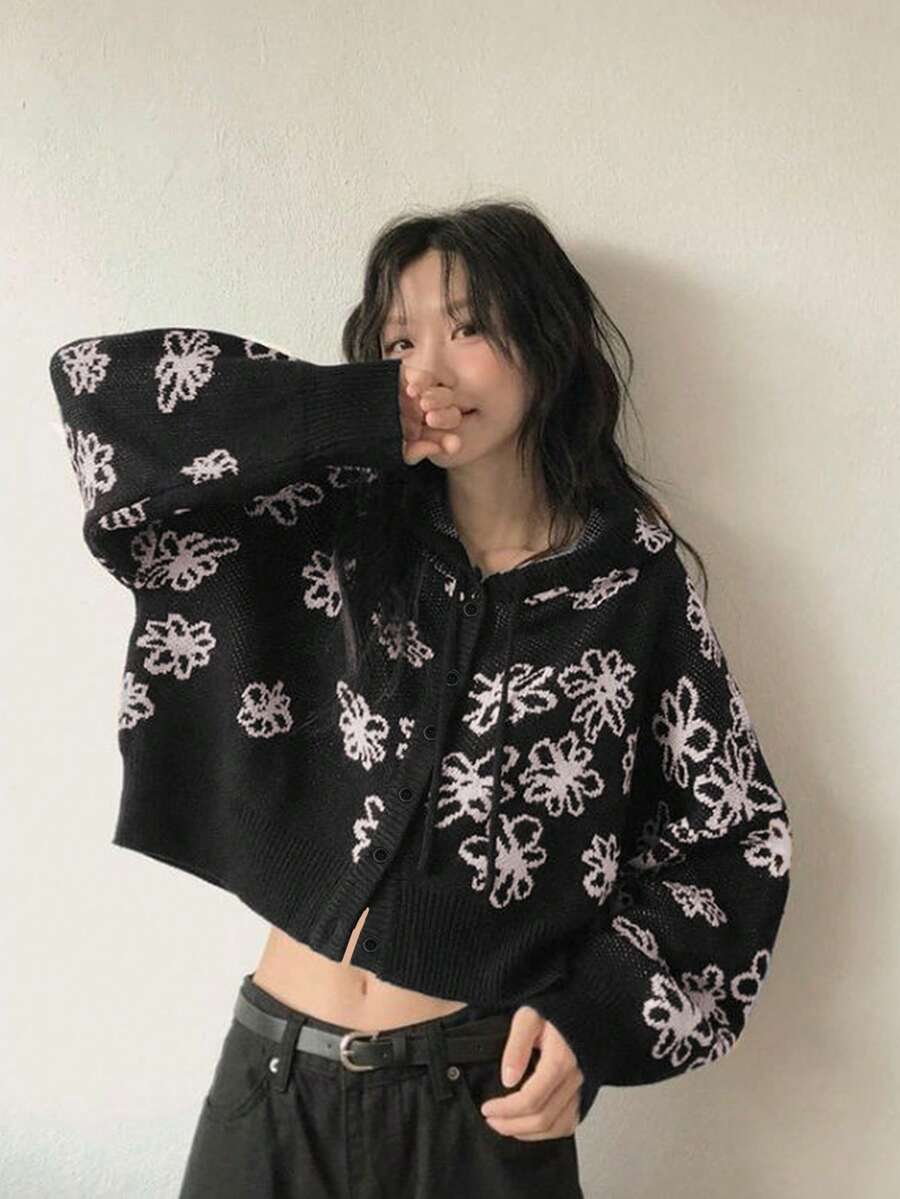 女款小眾設計花卉提花寬鬆長袖連帽針織開襟外套(隨機花卉) - 黑色 - 查看 1