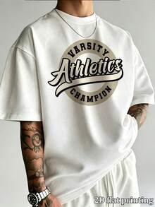 Maglietta da uomo vintage varsity athletics champion con stampa grafica, oversize, maniche corte, girocollo, casual, ampia, vintage, streetwear, comoda, estiva, per uso quotidiano - Bianco - Visualizzare 3