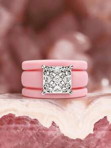3 Piecessilicone Ring Cutting Synthetic Zirconia Pink Ring Set, Suitable For Daily Wear, Weddings, Valentine's Day, Anniversaries, And Gifts - Ring Set - View 15
