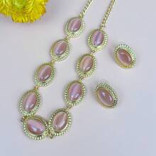 Conjunto de Joias Vintage com Colar Choker de Pedra Verde Esmeralda Oval & Brinco de Pino, Borda Dourada Antiga, Mulheres Formal Banquete Casamento Festa Noturna - olho de gato oval - Visão 8