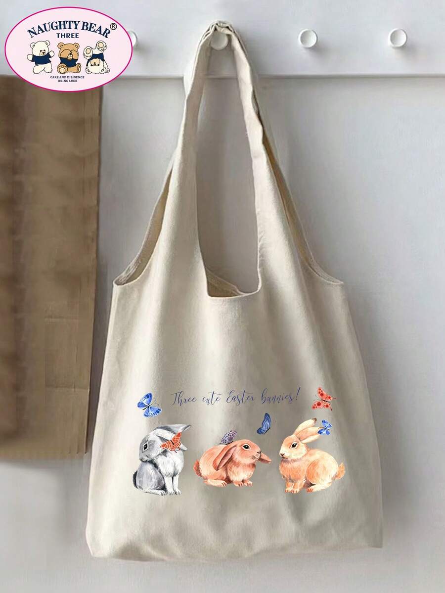 1件米色 3 Rabbits 可愛兔子英文印花女款帆布托特購物袋