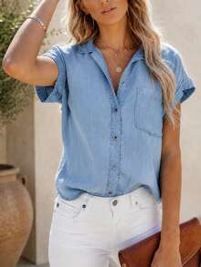 Women's Blue V-Neck Casual Short-Sleeve Washed Denim Shirt, Large Size Loose Cardigan Lightweight Denim-Look Shirting Fabric - Blue - View 2