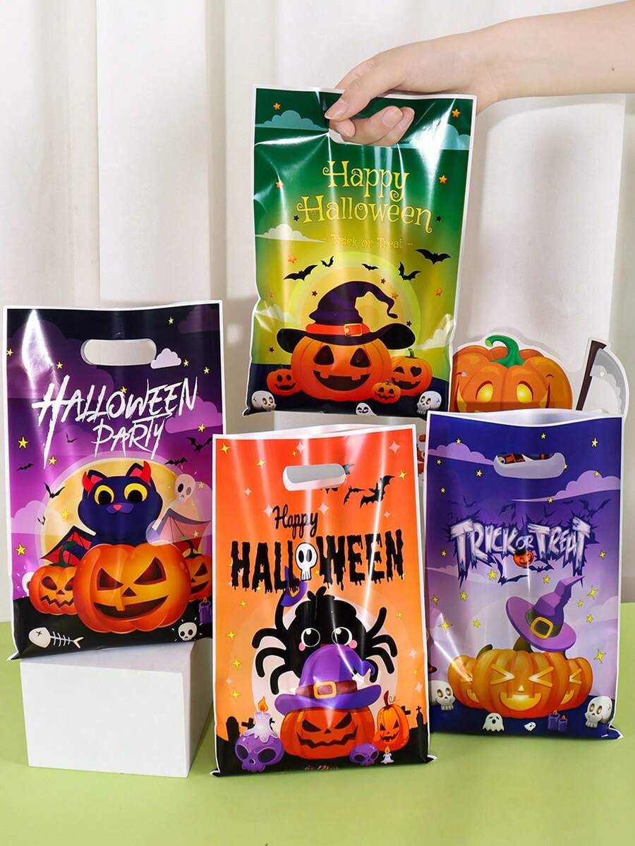 20/50pcs Halloween Plastic Gift Bags, Ghost Bat Pumpkin Print With Handle Candy Bags, Game Theme Party Boys Girls Halloween Supplies - Multicolor - View 1
