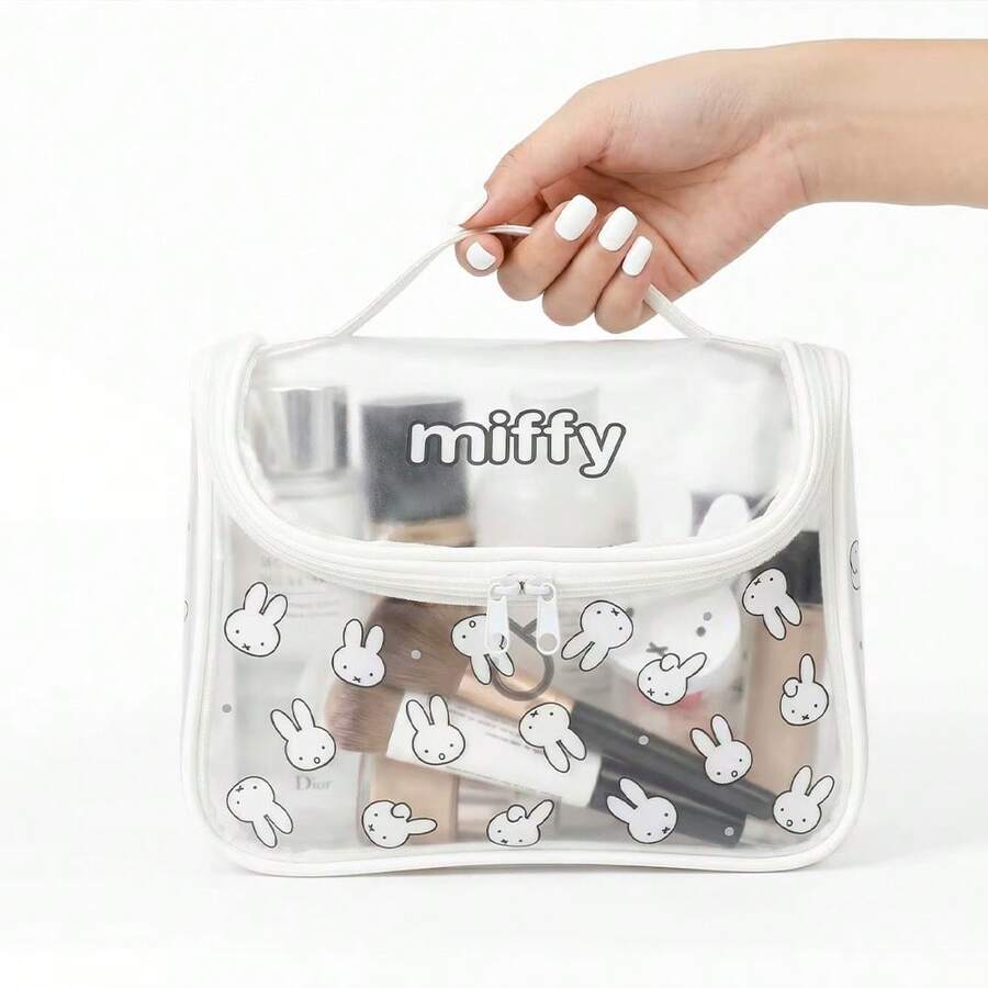 Miniso Miffy 透明化妝包，可愛兔子印花透明 PVC 化妝包，可攜式旅行盥洗用品收納袋附手把，女款女孩拉鍊盥洗包