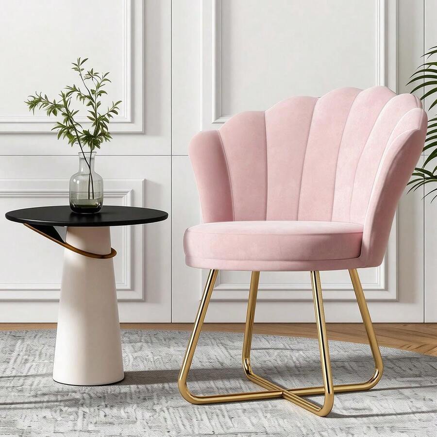 Nalupatio Upholstered Dining Chairs, Vanity Chair, Velvet Chair, Petal Back Armchair With Gold Metal Legs, Up To 150 KG Load Capacity - 粉色 - 查看 1