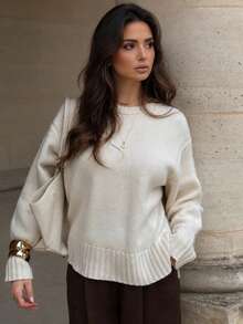 Damen Neuer Herbst/Winter Aprikose Vintage Rundhals Langarm Strickpullover, klassischer Old Money Stil Schulanfang Outfit Herbst - Aprikosenfarben - Übersicht 1