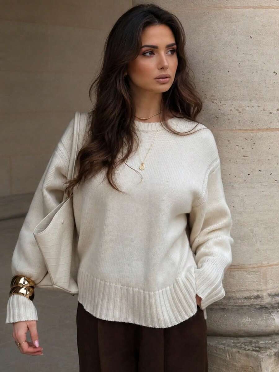 Damen Neuer Herbst/Winter Aprikose Vintage Rundhals Langarm Strickpullover, klassischer Old Money Stil Schulanfang Outfit Herbst - Aprikosenfarben - Übersicht 1