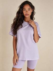Lilivine 2pcs Women's Elegant & Comfortable Pajama Set, Including Short Sleeve Top And Cycling Shorts, Solid Color, Suitable For Spring And Summer Wear - Purple - View 3