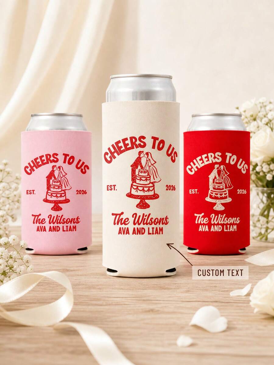 Personalized Wedding Can Coolers, Custom Text Can Sleeves For Reception Drinks, Bride And Groom Cake Design, Wedding Favors For Guests - Multicolor - View 1