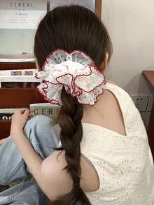 1pc Women's 19cm/7.48in Red Ditsy Floral Large Scrunchie, Fashionable Versatile High-End Elegant Minimalist Solid Color Hair Accessory, Suitable For Daily Wear, Casual, Beach, Party, Commuting, Vacation, Ponytail, Bun, Face Washing, Bathing, Makeup, Outfit Matching, Hair Ornament - Red - View 5