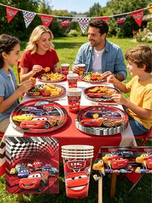 Red Racing Car Cartoon Theme Disposable Party Tableware Set, Birthday Paper Plates, Cups, Napkins, Straws, Full Set Party Decoration Supplies - Multicolor - View 7