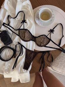 Women's Sexy Leopard Print Lingerie Set, 2pcs Sheer Mesh Underwire Bra And Panty Set - Black - View 1