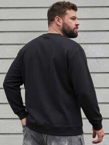 Plus Size Men's Crew Neck Sweatshirt, Solid Color Shoulder Patchwork Loose Casual Long Sleeve Pullover, Spring/Autumn - Black - View 4
