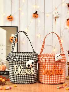 Personalized Ruffle Halloween Storage Basket, Customizable Name Plaid Halloween Trick Or Treat Bag, Halloween Candy Bucket, Halloween Gift Storage Box - Multicolor - View 7