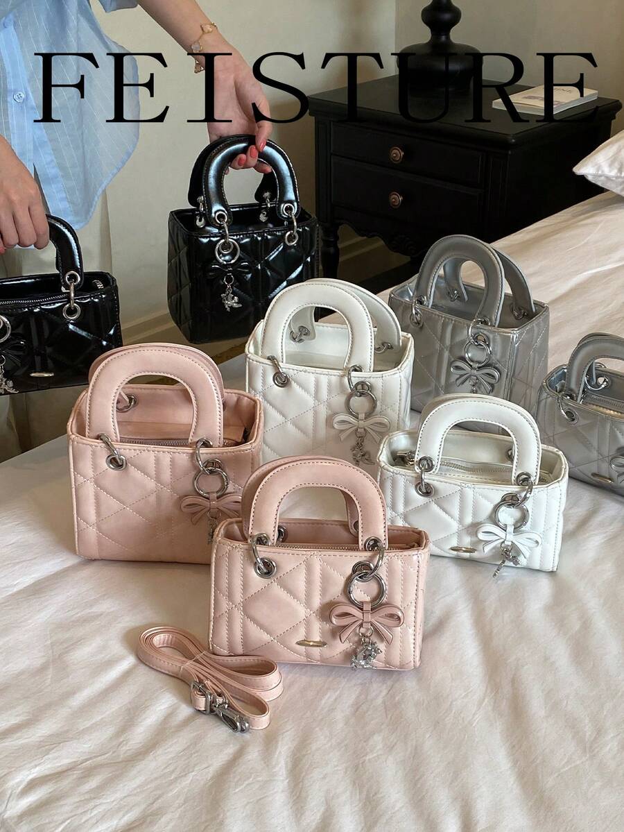 FEISTURE Women's Quilted Solid Color Handbag, Fashionable Shoulder Crossbody Bag With Bow Pendant, Suitable For Ladies, Work, School, Purse, Casual